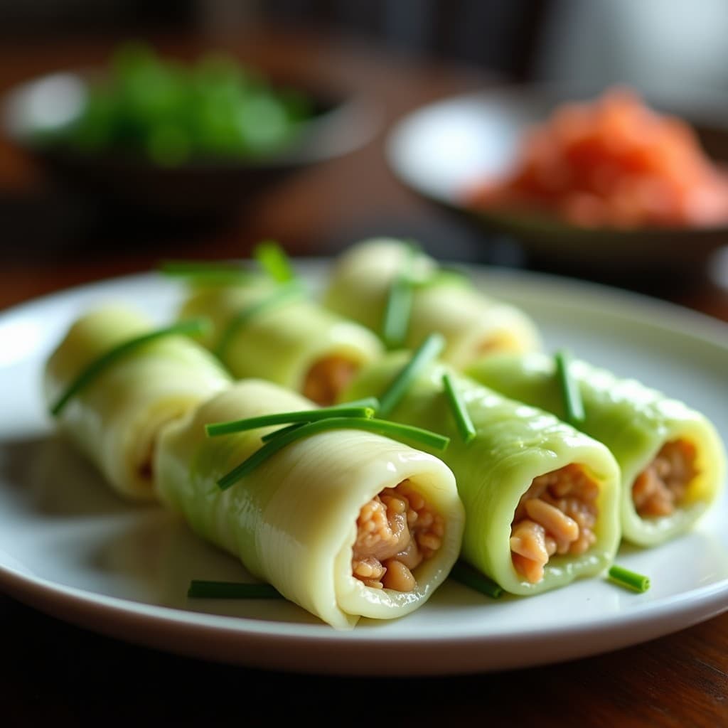 Rollitos de Col China Rellenos de Pollo y Castañas de Agua: Receta China al Vapor