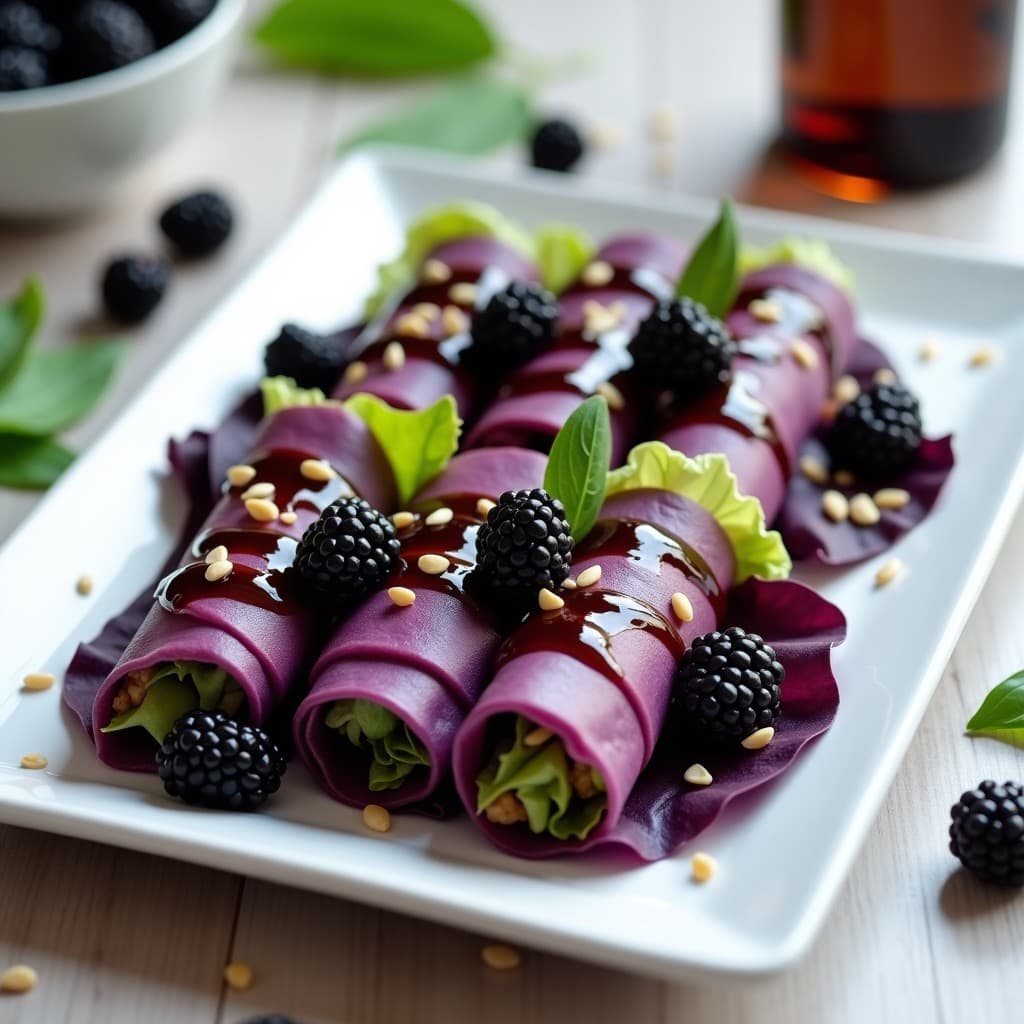 Rollitos de Col China y Zarzamora con Salsa de Vinagre Balsámico: Aperitivo Vegano Sin Horno