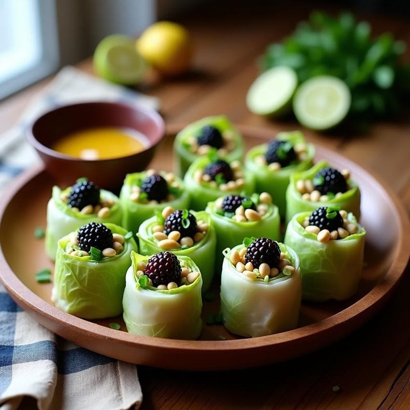 Rollitos de Col China con Zarzamoras y Salsa de Mostaza: Aperitivo Tailandés en 15 Minutos
