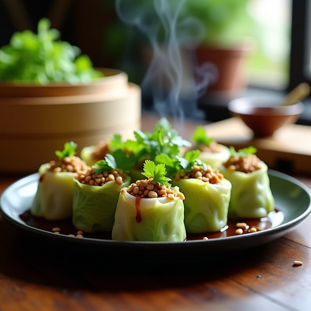 Rollitos de Col China Rellenos de Hongos Shimeji y Cacahuetes: Receta Vegana al Vapor