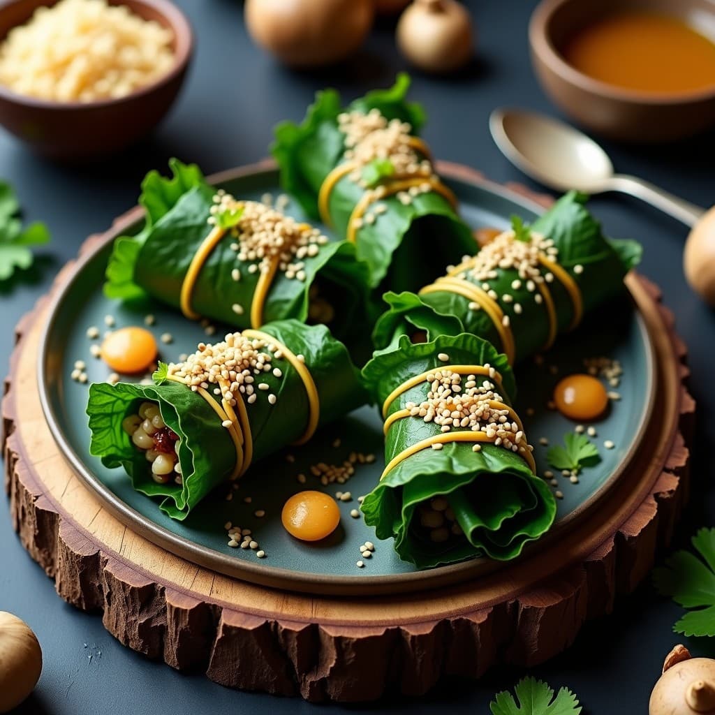 Rollitos de Col Rizada Rellenos de Arroz Salvaje y Hongos Chanterelles: Entrante Crudivegano Gourmet
