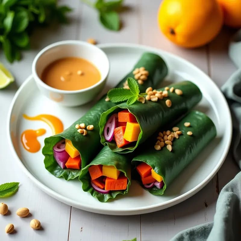 Rollitos de Col Rizada con Relleno de Mango y Cacahuete: Receta Vietnamita Crudivegana