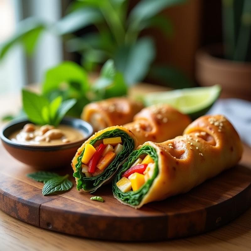 Rollitos de Primavera de Col Rizada y Mango: Receta Vegana al Horno con Salsa de Cacahuete