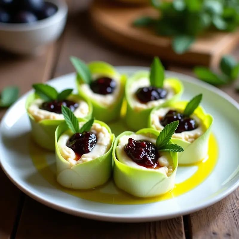 Rollitos de Endibia con Relleno de Queso de Anacardos y Mermelada de Higos Negros