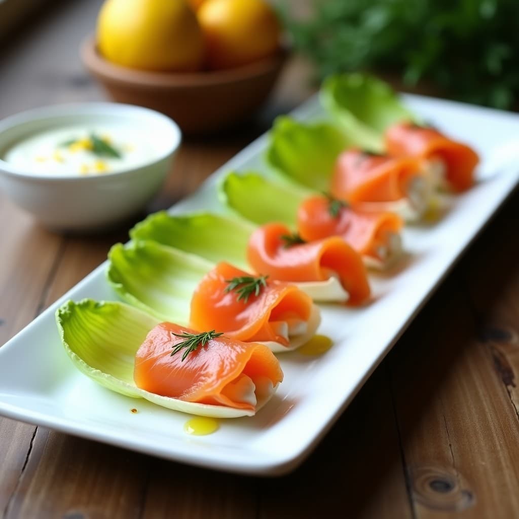 Rollitos de Endivia y Salmón Ahumado: Entrante Belga con Salsa de Yogur de Soja y Eneldo