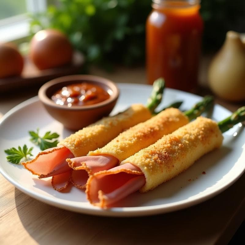 Rollitos de Espárrago Blanco y Jamón Serrano: Receta Española en Airfryer con Salsa Romesco