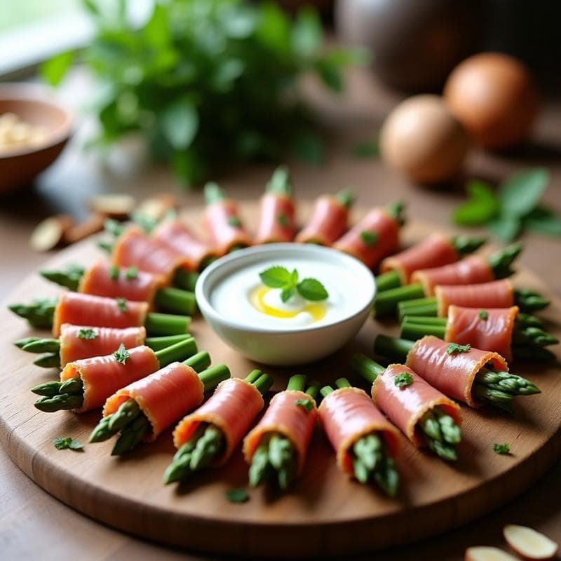 Rollitos de Espárragos y Jamón Serano con Salsa de Yogur y Menta: Aperitivo Keto Sin Horno