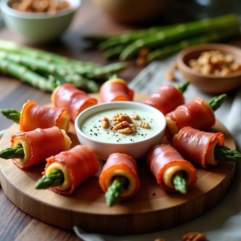 Rollitos de Espárragos y Jamón Serrano con Salsa de Queso Azul: Receta Española en 20 Minutos