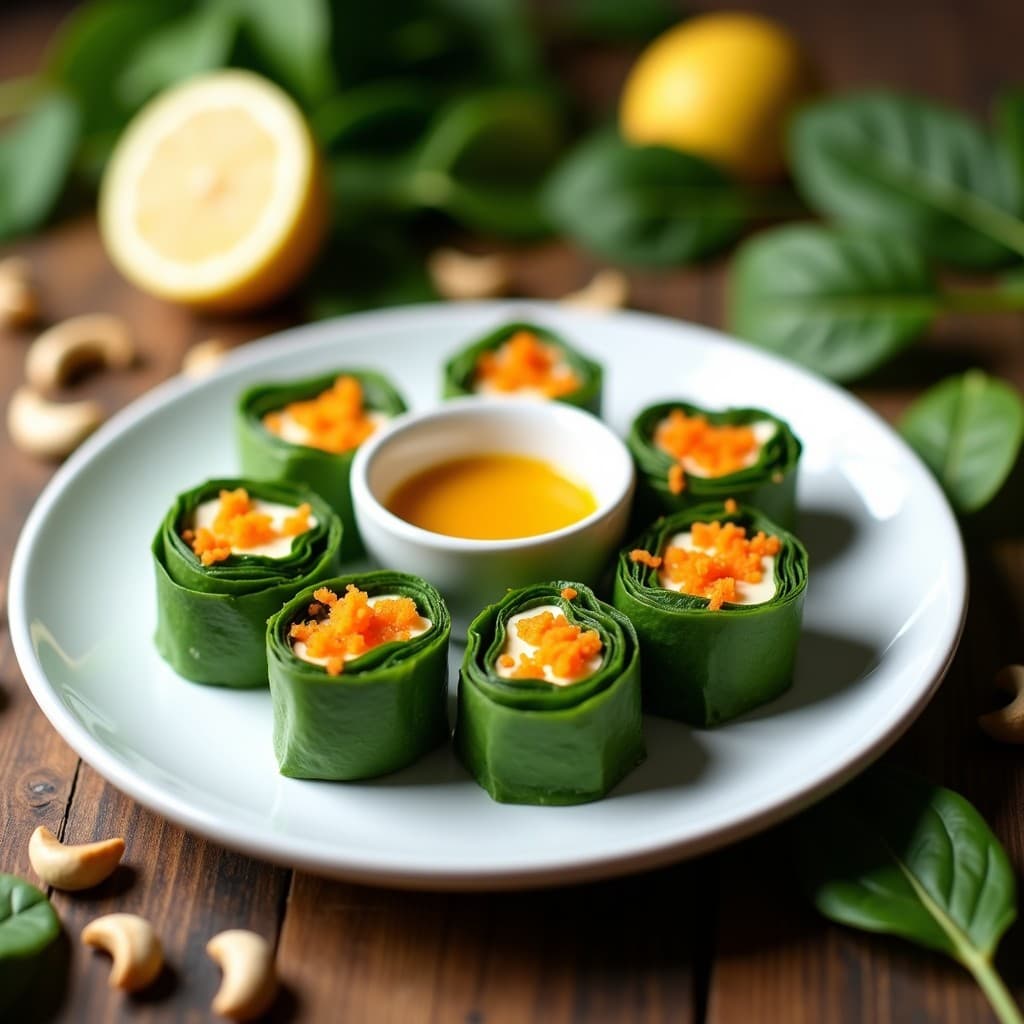 Rollitos de Espinaca y Queso de Anacardo: Entrante Crudivegano con Salsa de Mostaza y Miel