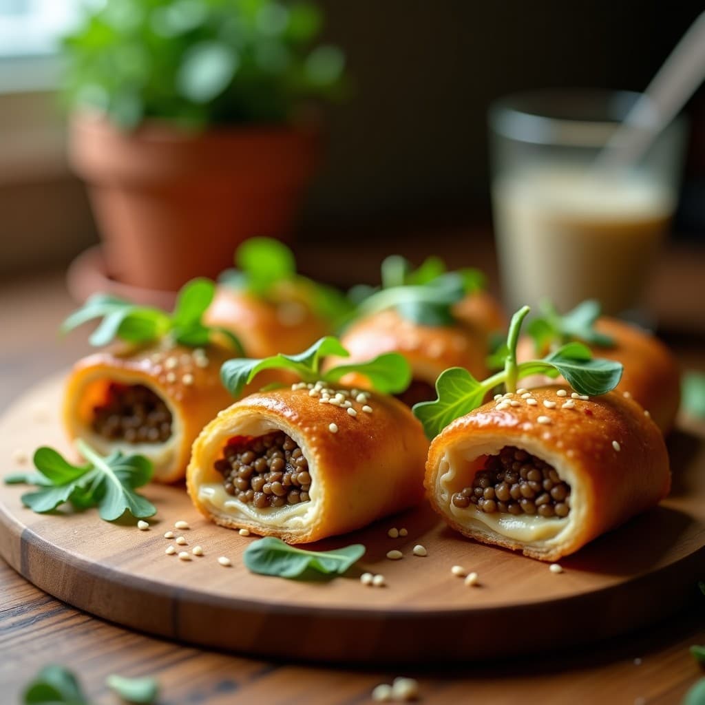 Rollitos de Hojaldre Integral con Paté de Lentejas Beluga y Rúcula: Aperitivo Francés Sin Lactosa