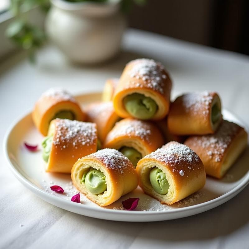 Rollitos de Hojaldre Rellenos de Crema de Pistacho y Rosa: Postre Francés Sin Gluten