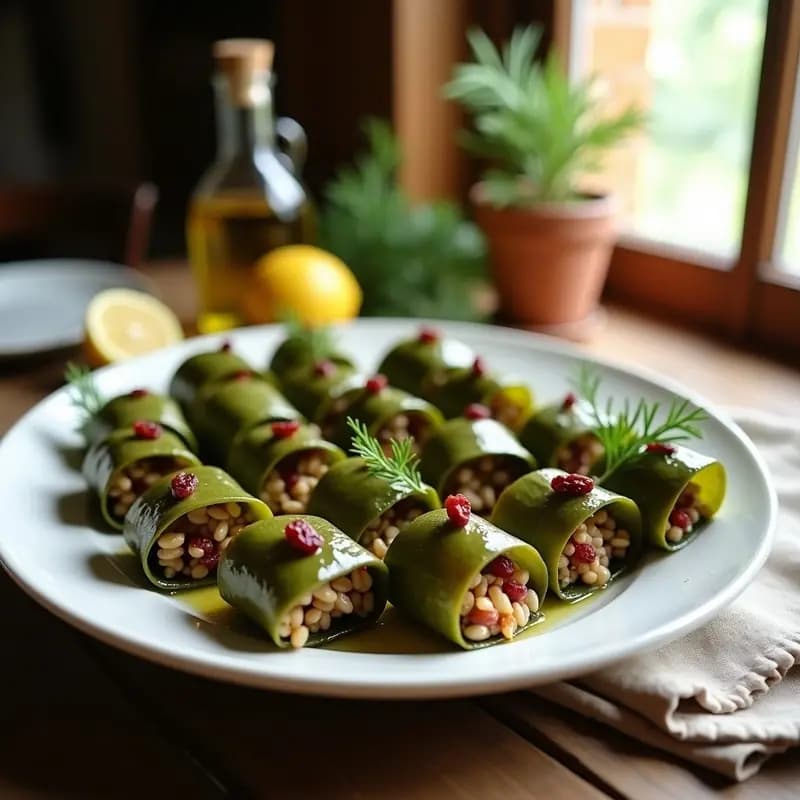 Rollitos de Hojas de Parra con Arroz Salvaje y Arándanos: Aperitivo Griego Sin Gluten al Vapor