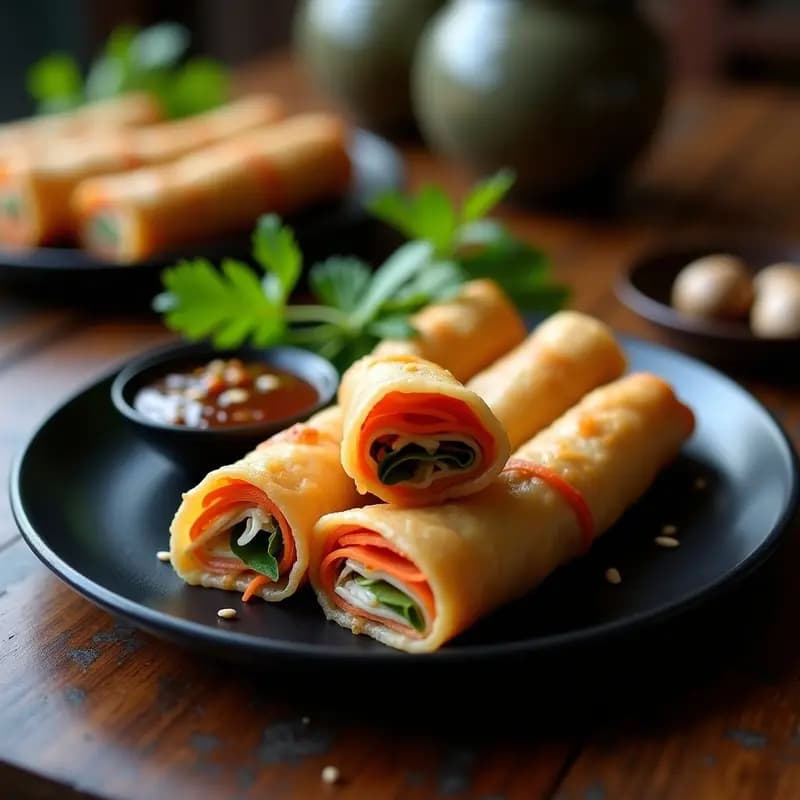 Rollitos de Algodón de Azúcar (Hongo Ostreatus) con Salsa de Oistro y Ajo: Aperitivo Chino Vegano