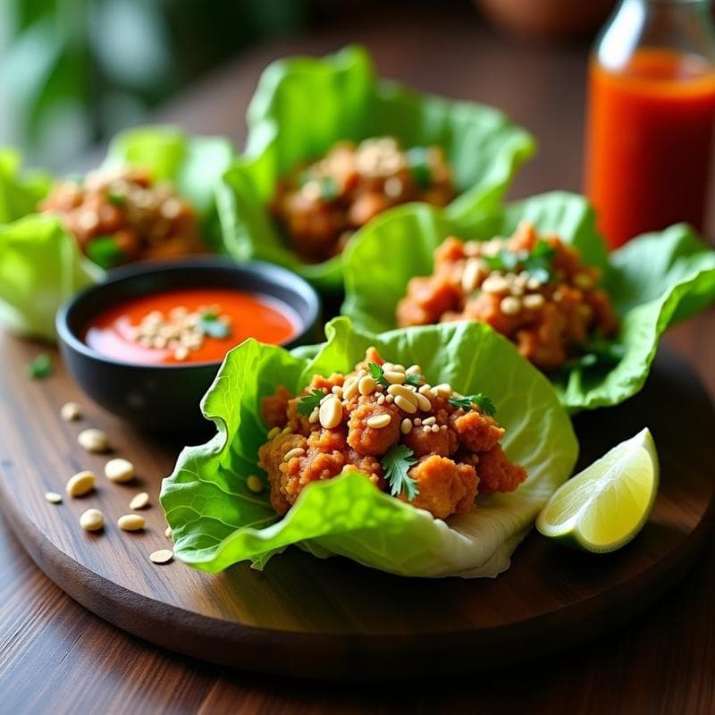 Rollitos de Lechuga con Polly de Cangrejo Vegano y Salsa Sriracha: Receta Tailandesa