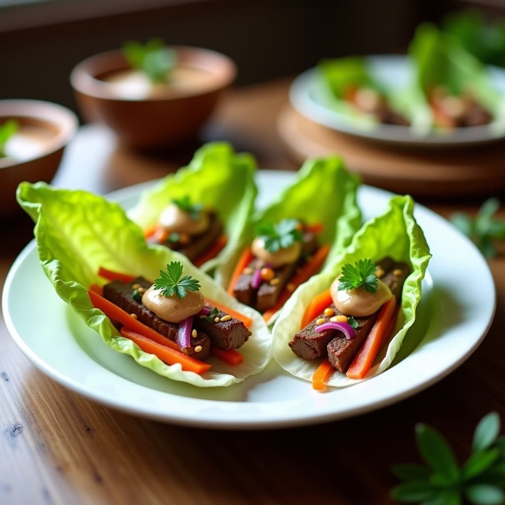 Rollitos de Lechuga con Carne de Res y Salsa de Cacahuete: Receta Tailandesa Sin Horno
