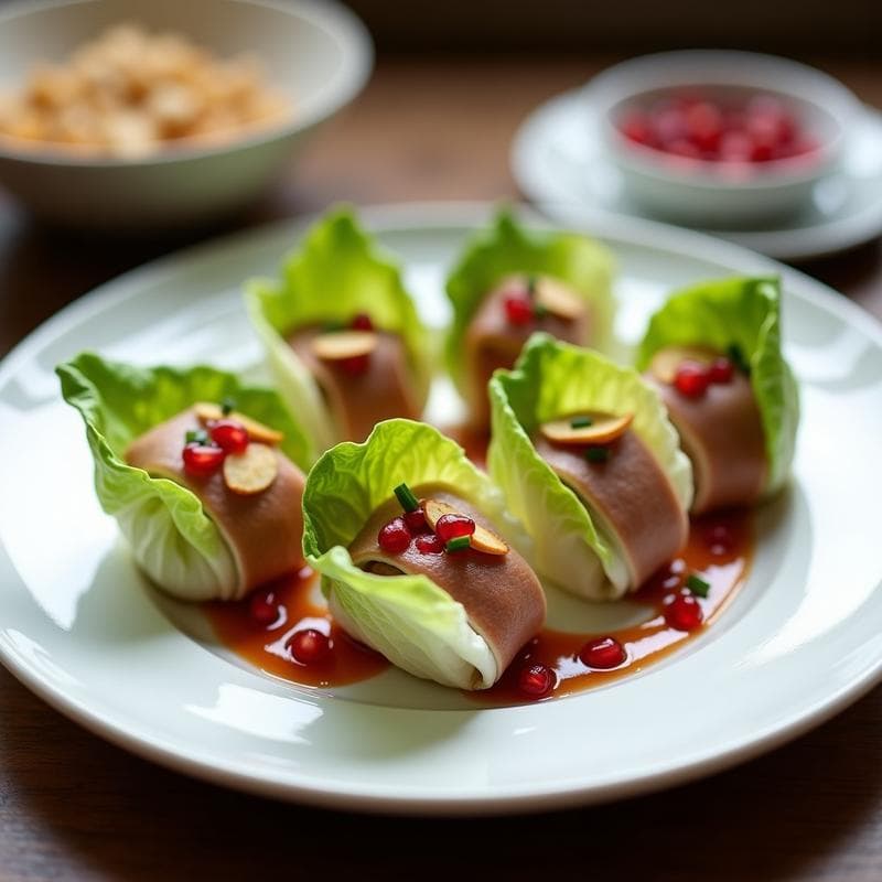 Rollitos de Lechuga con Conejo Ahumado y Salsa de Granado: Entrante Francés Elegante