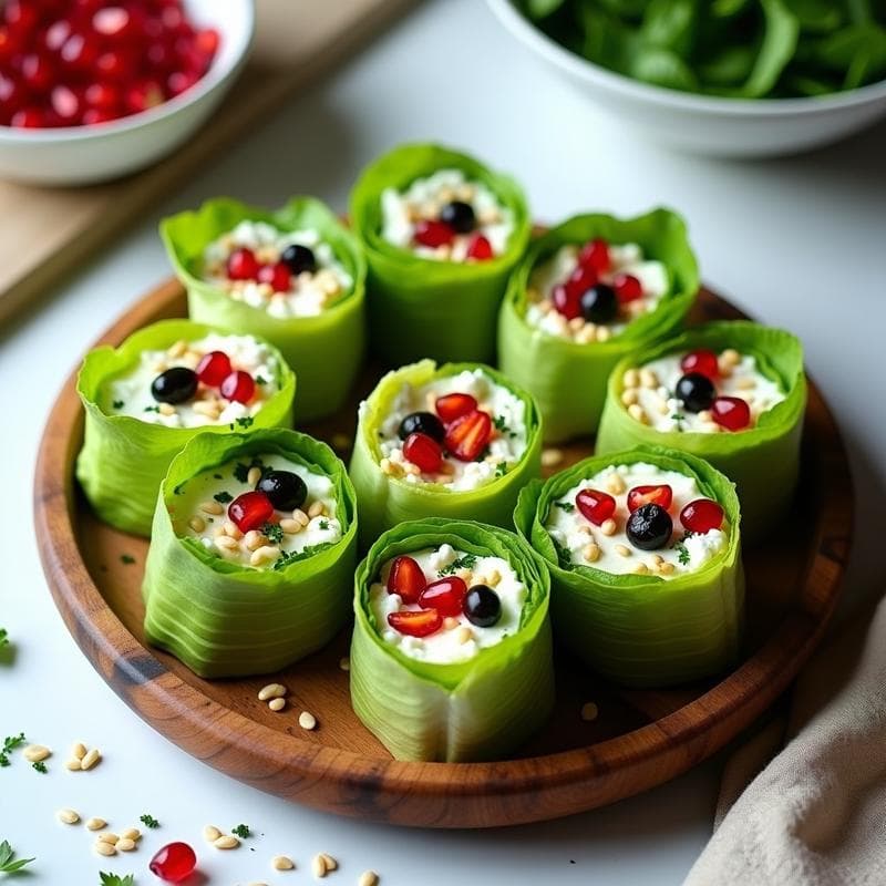 Rollitos de Lechuga con Feta Vegana y Granada: Ensalada Griega Sin Cocción