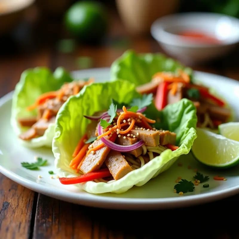 Rollitos de Lechuga con Fideos de Arroz y Cerdo adobado: Receta China Pikante y Crujiente