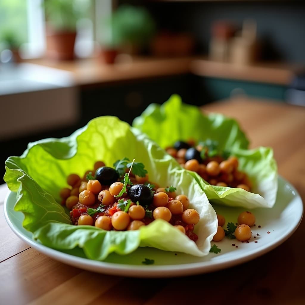 Rollitos de Lechuga con Relleno de Garbanzos y Aceitunas Negras: Aperitivo Mediterráneo Sin Cocinar