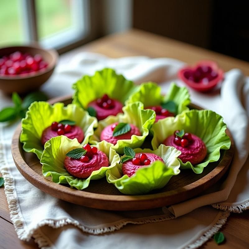 Rollitos de Lechuga con Hummus de Betabel y Granos de Granada: Entrante Vegano Sin Gluten