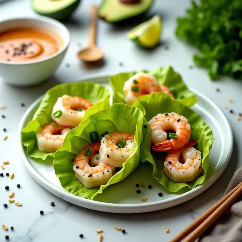Rollitos de Lechuga con Langostino, Aguacate y Salsa de Cacahuate y Limón
