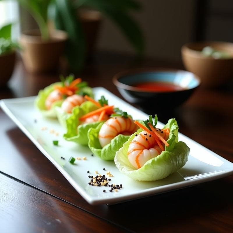 Rollitos de Lechuza y Langostino con Salsa de Ciruela Umeboshi: Receta Japonesa Gourmet