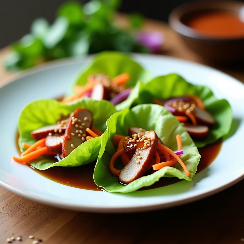 Rollitos de Lechuga con Pechuga de Pato y Salsa Hoisin: Aperitivo Chino Crujiente y Bajo en Carbohidratos