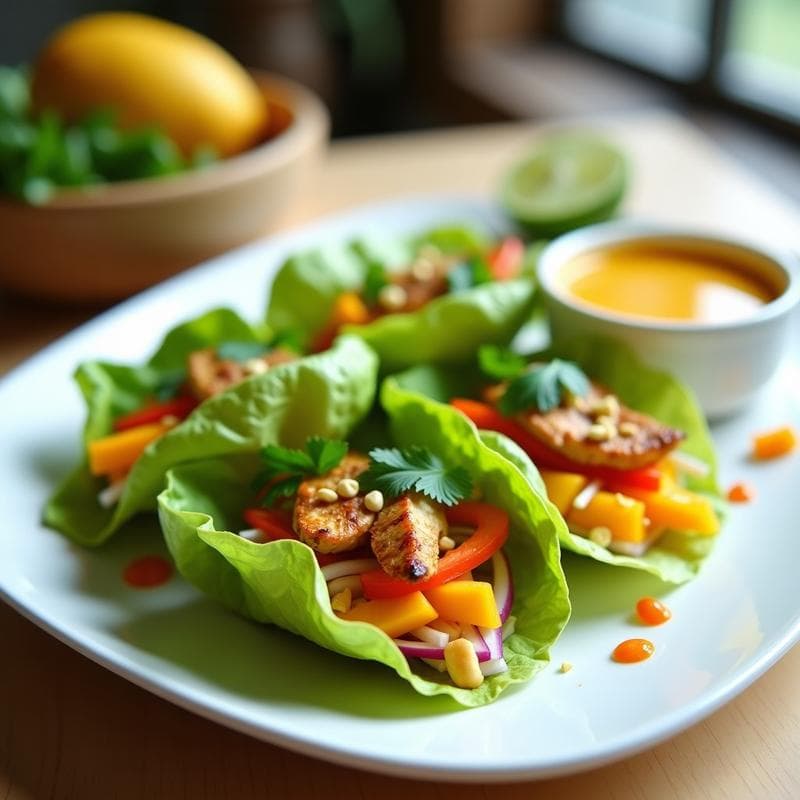 Rollitos de Lechuga con Pollo al Curry y Mango: Receta Tailandesa Ligera en 20 Minutos