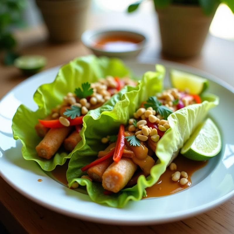 Rollitos de Lechuga con Pollo al Satay y Cacahuetes: Aperitivo Tailandés Sin Harina