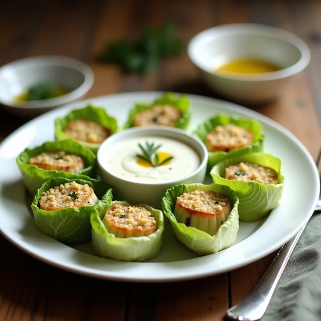 Rollitos de Lechuga con Relleno de Toña y Salsa de Yogur de Soja: Entrante Argentino Vegano