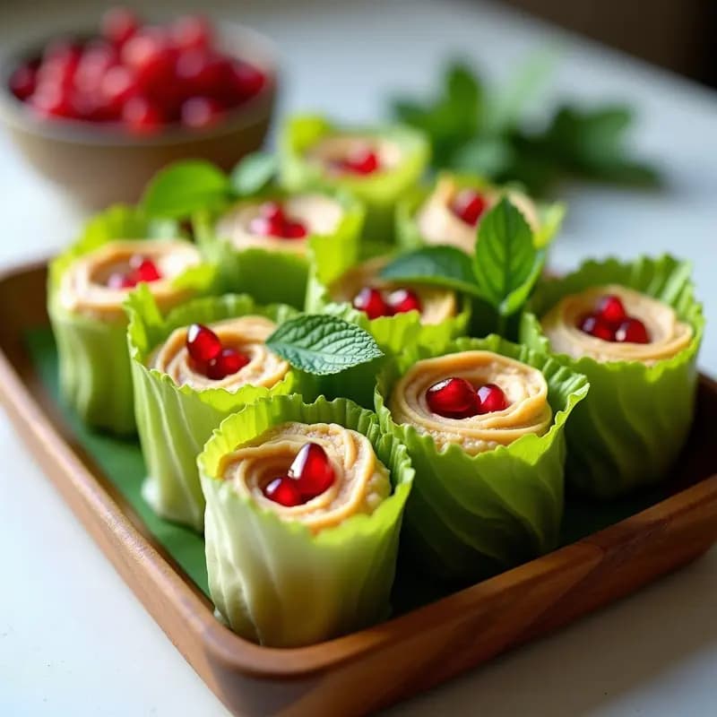 Rollitos de lechuga romana con hummus de habas y granada: Receta árabe keto y crudivegana