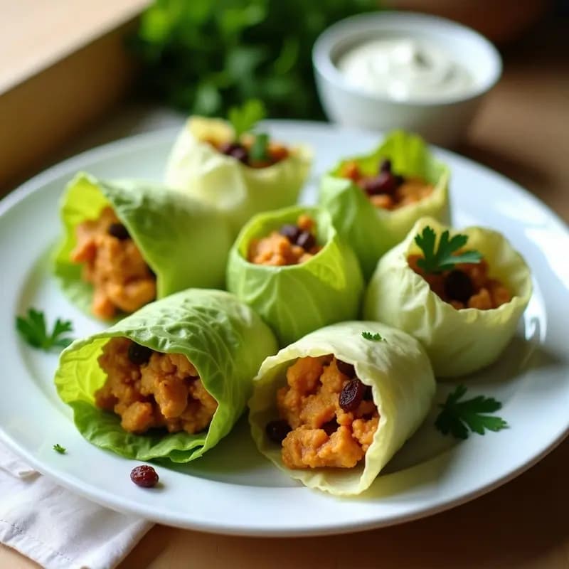 Rollitos de Lechuga Romana con Farsidumbre de Pollo al Curry y Pasas: Receta Iraní en 15 Minutos