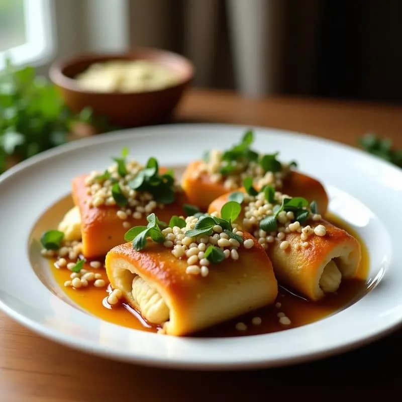 Rollitos de Lechuga Romana con Relleno de Quinoa Morada y Salsa de Tahini de Azafrán: Entrante Real en Oro
