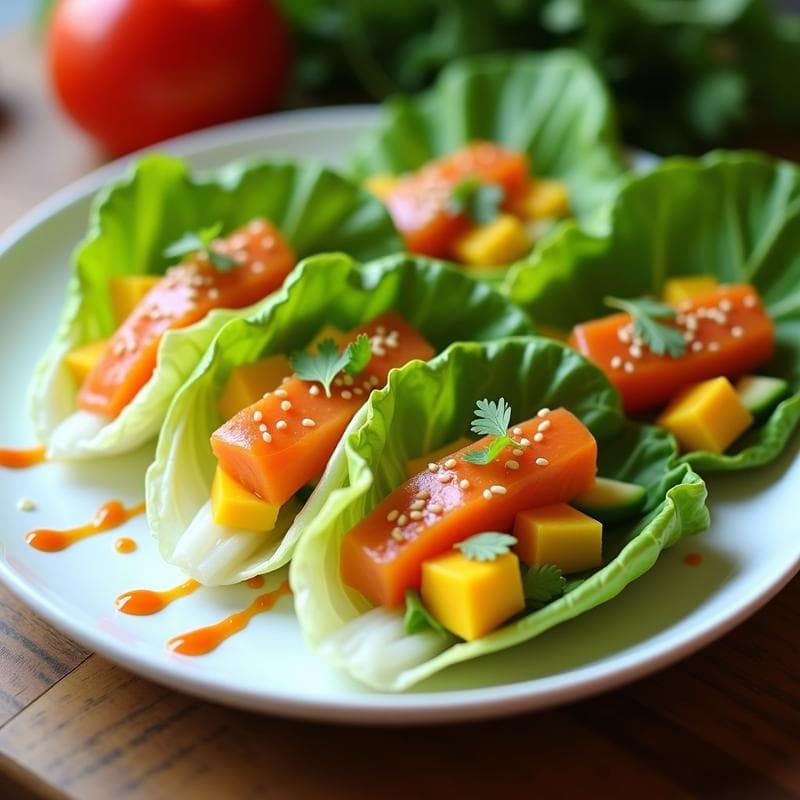 Rollitos de Lechuga con Salmón, Mango y Salsa Sriracha: Receta Vieta en 10 Minutos