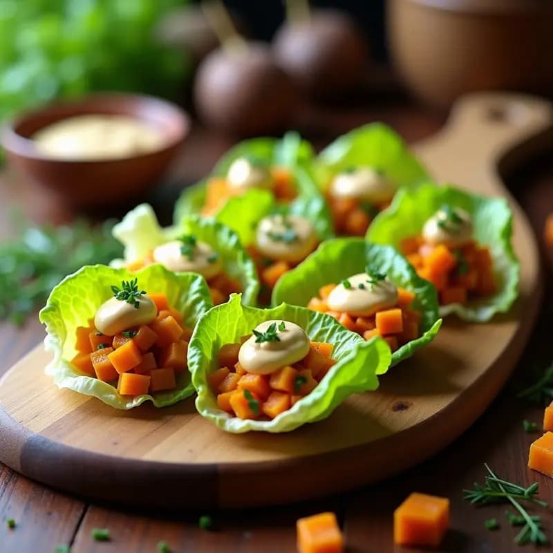 Rollitos de lechuga romana con tartar de remolacha dorada y crema de anacardos: Receta Crudivegana