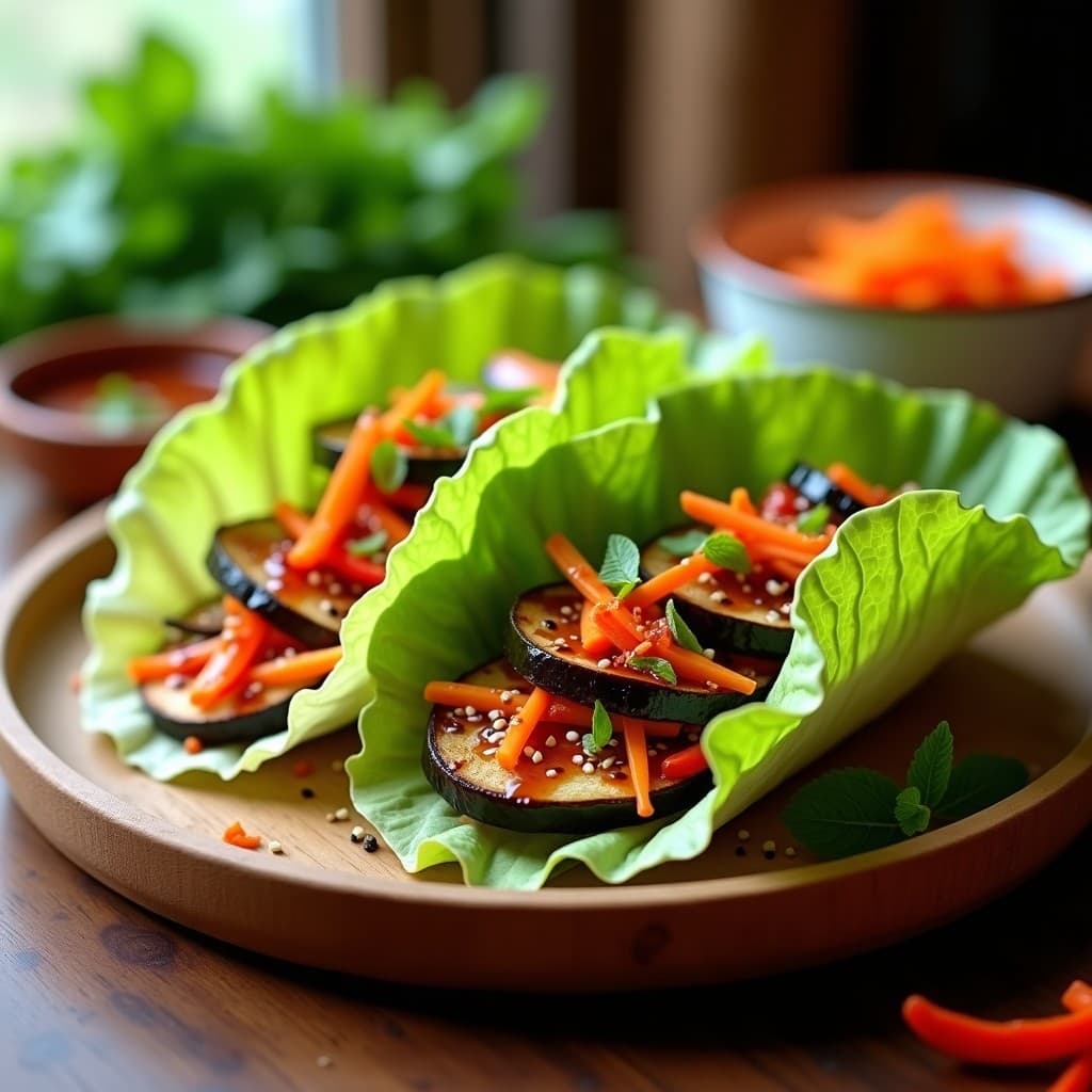 Rollitos de Lechuga con Tataki de Berenjena y Salsa de Tamarindo: Receta Tailandesa Vegana
