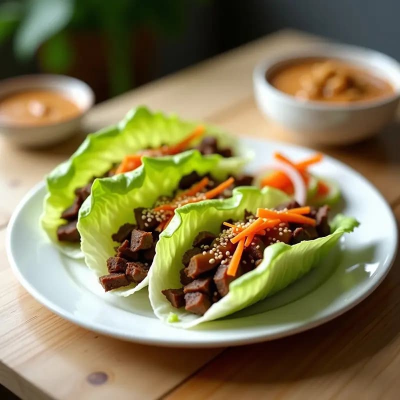 Rollitos de Lechuga con Salteado de Ternera al Estilo Mongol y Salsa de Cacahuete: Receta Rápida en 15 Minutos
