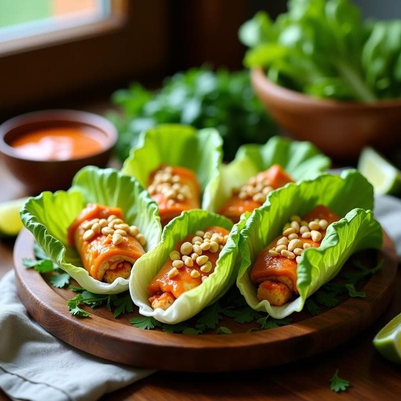 rollitos de lechuga rellenos de Tofu Picante y Cacahuete: Receta Tailandesa Vegana y Sin Cocción