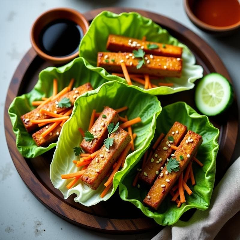 Rollitos de lechuga con tofu marinado al teriyaki: Entrante japonés vegano crujiente