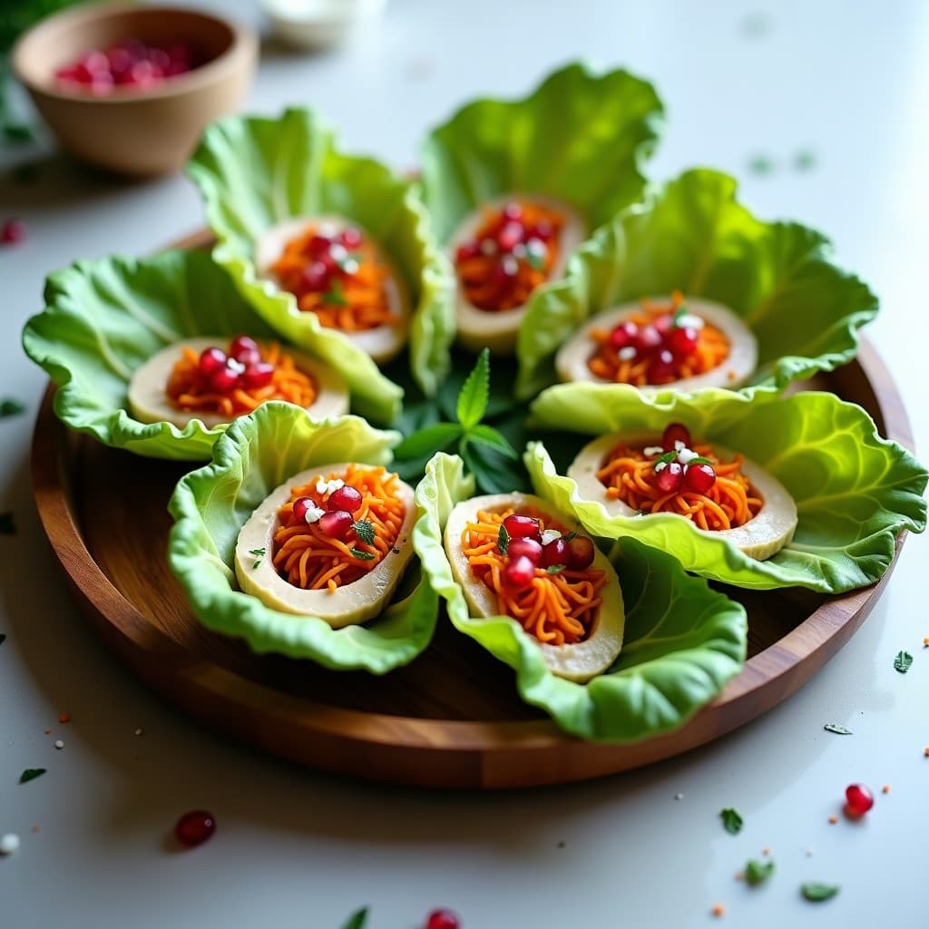 Rollitos de Lechuja y Zanahoria con Salsa de Tahini y Granados: Entrante Árabe Crudivegano