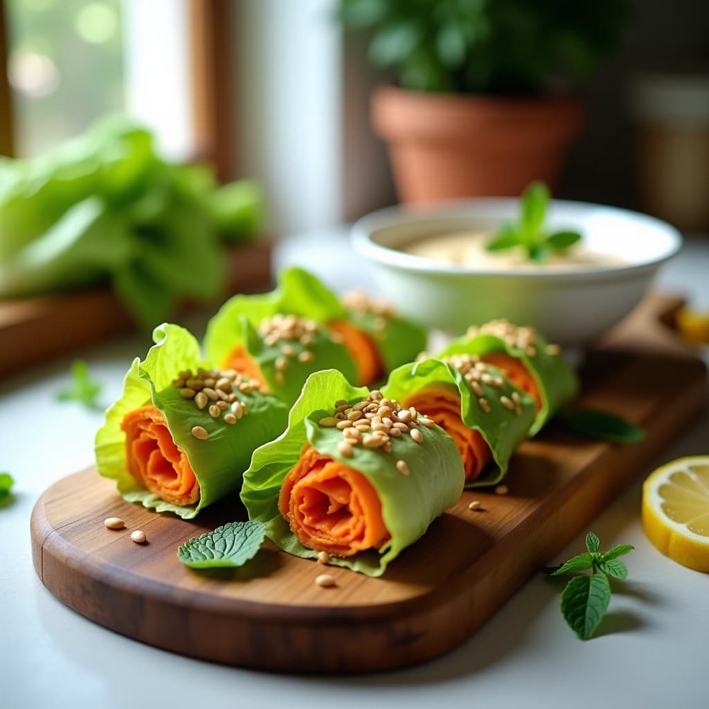Rollitos de Lechuza y Zanahoria con Aderezo de Tahini y Limón: Aperitivo Crudivegano en 10 Minutos