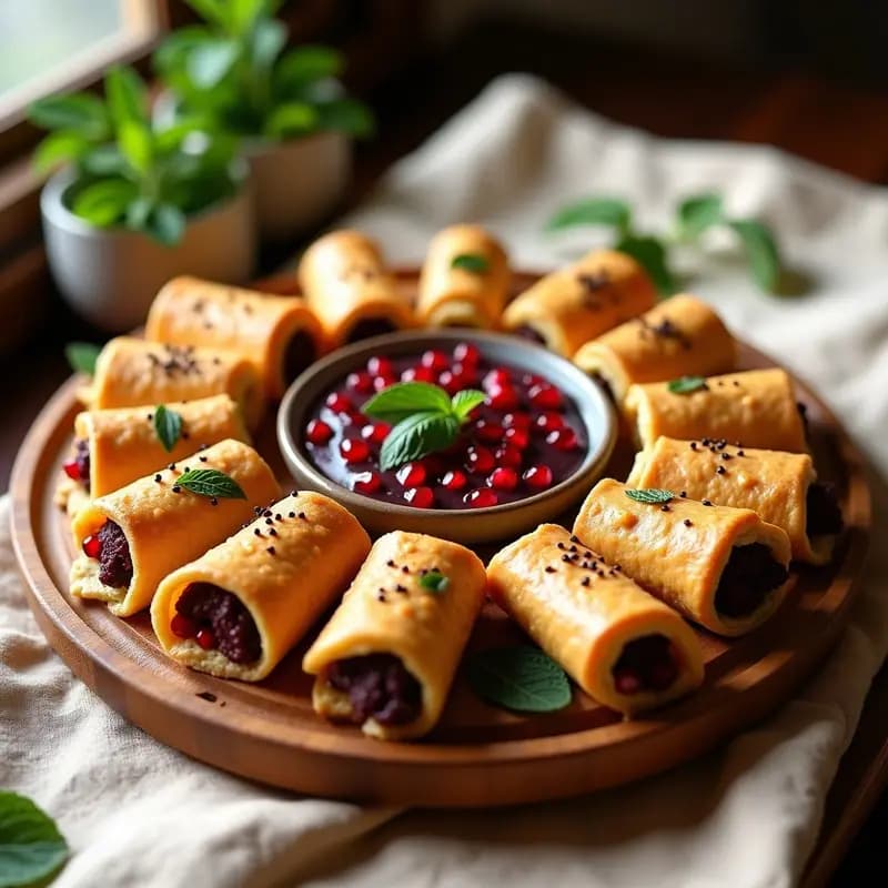 Rollitos de Lino con Paté de Berenjena Asada y Granadas: Aperitivo Armenio Vegano y Crudivegano