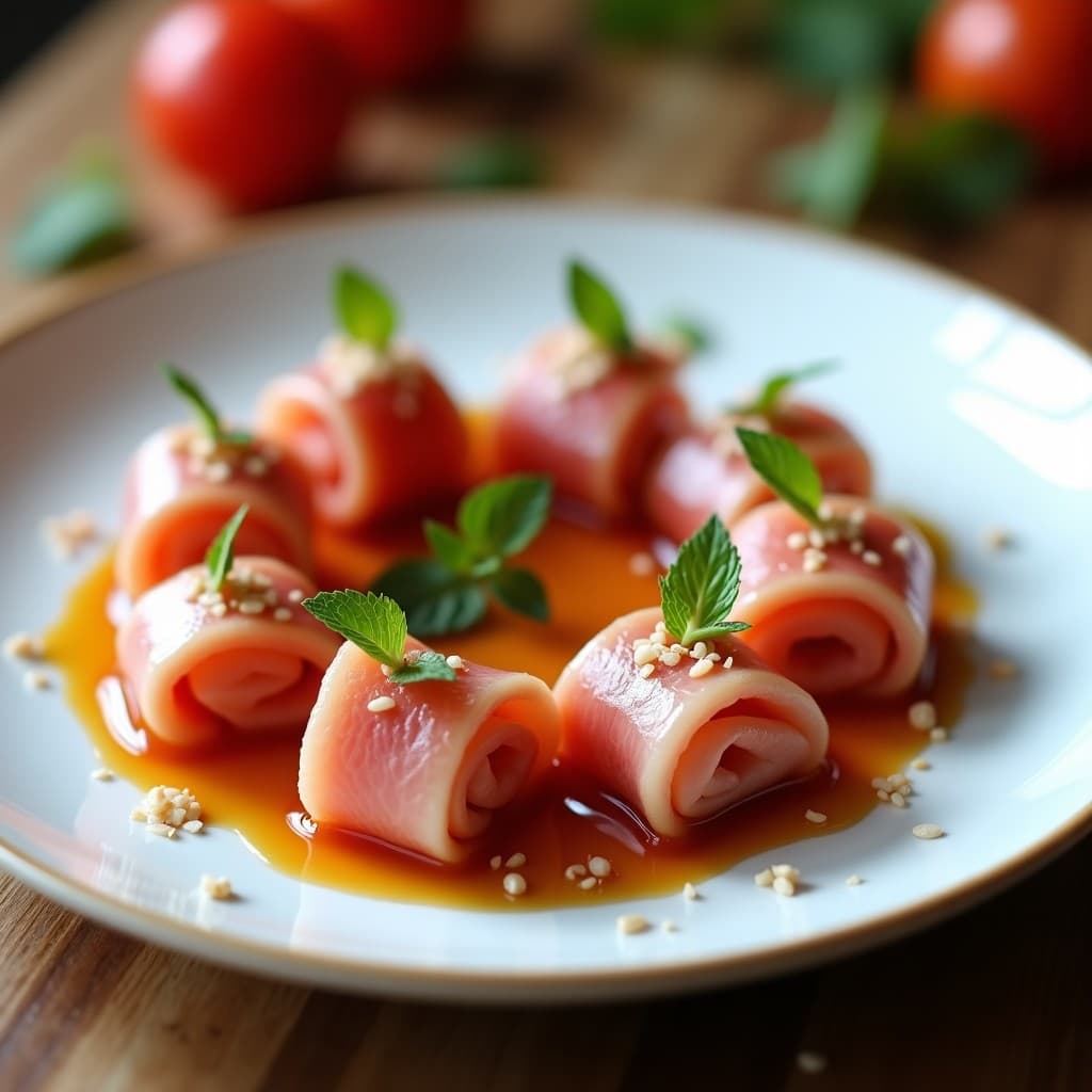 Rollitos de Litchi y Jamón Serrano con Salsa de Reducción de Oporto: Entrante Portugués Dulce-Salado