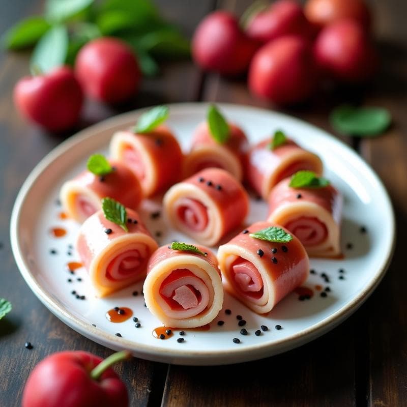 Rollitos de Litchi y Jamón Serrano con Salsa de Sésamo: Aperitivo Fusión en 15 Minutos