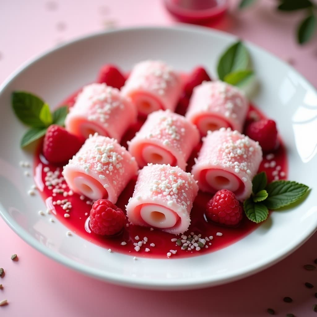 Rollitos de Litchi y Rosa: Postre Chino Elegante Sin Horno con Salsa de Frambuesa