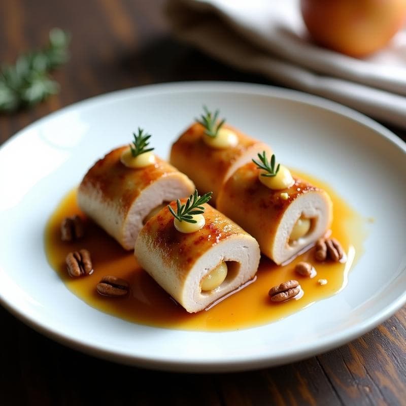 Rollitos de Lomo de Cerdo con Pure de Manzana Asada y Reducción de Sidra: Receta Francesa en Olla Exprés