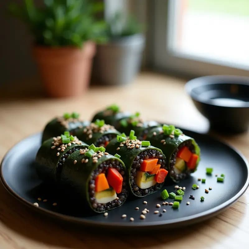 Rollitos de Nora (Alga) Rellenos de Arroz Salvaje y Champiñones: Aperitivo Japonés Vegano al Vapor