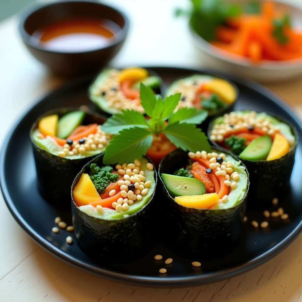 Rollitos de Nori con Aguacate, Mango y Semillas de Sésamo: Entrante Vegano con Toque Tailandés