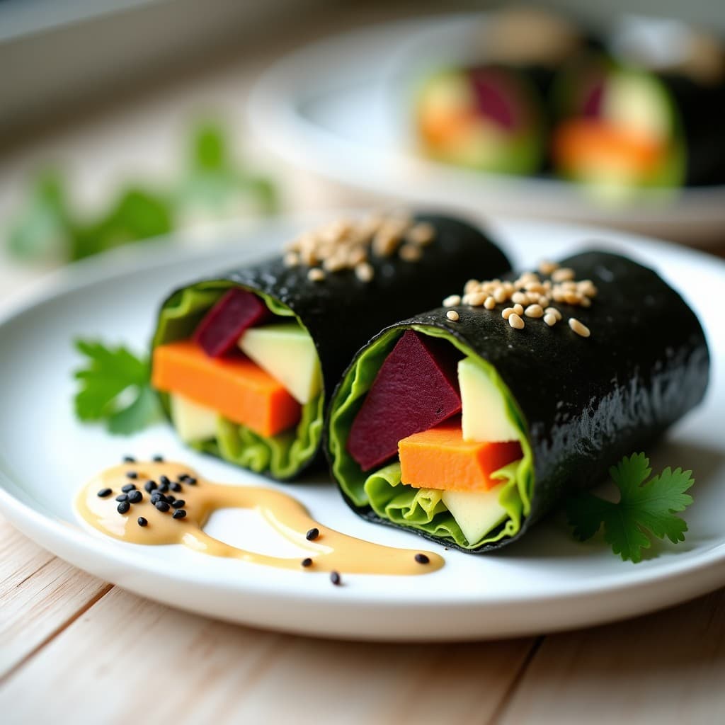 Rollitos de Nori con Aguacate y Remolacha: Receta Vegana Crudivegana con Salsa de Sésamo