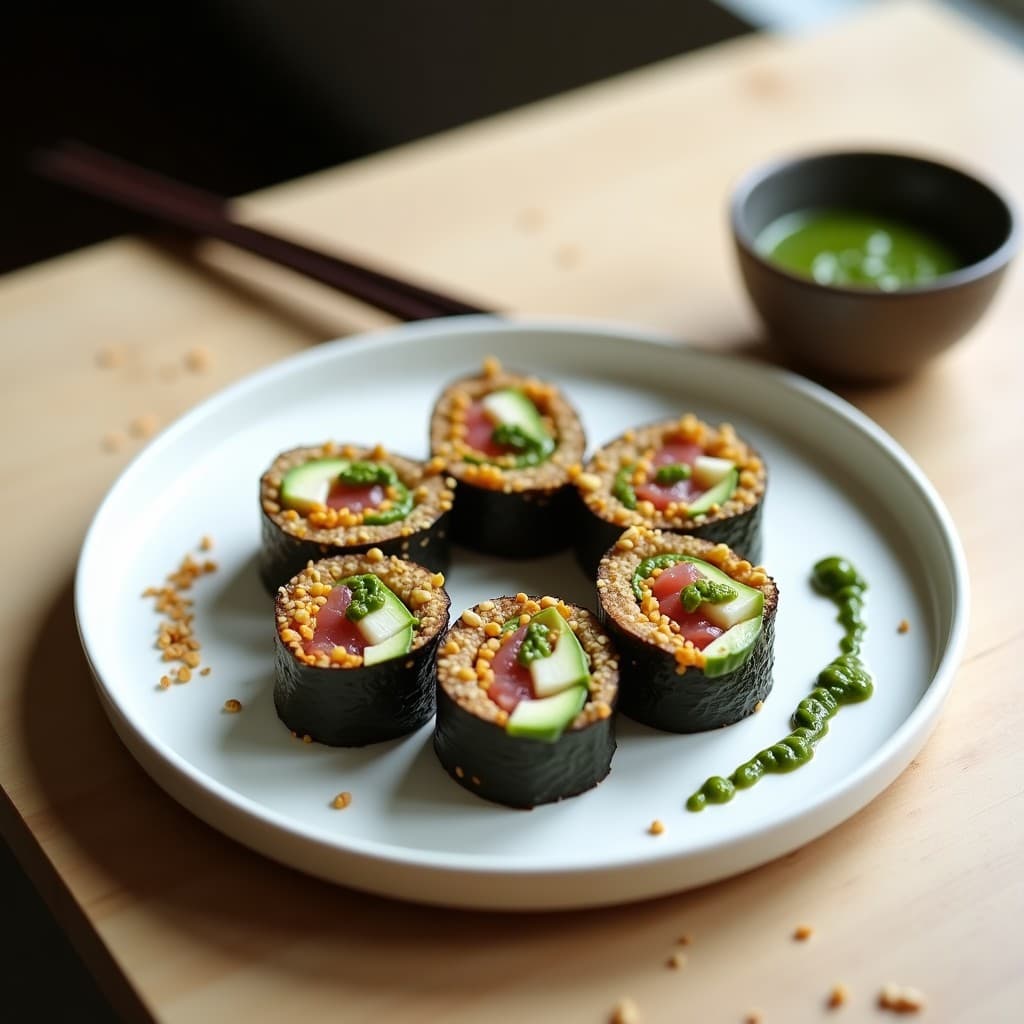 Rollitos de Nori con Atún Ahumado y Pesto de Wasabi: Receta Japonesa en 10 Minutos